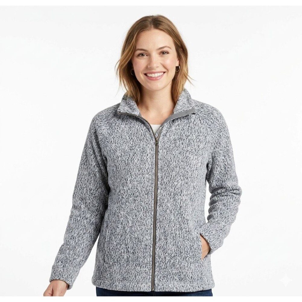 LL Bean Heritage Marled Fleece Zip Cardigan Jacket Gray White Womens XL EUC